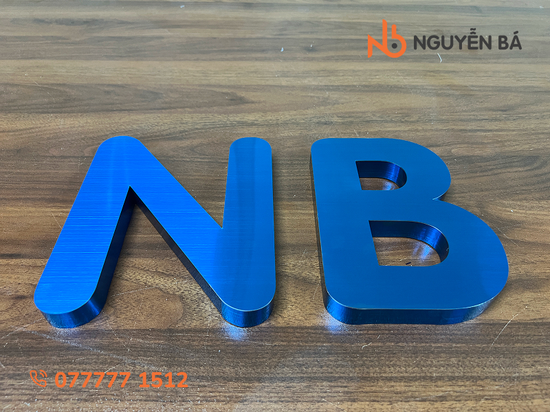 Gia công chữ inox màu xanh dương xước tại TPHCM
